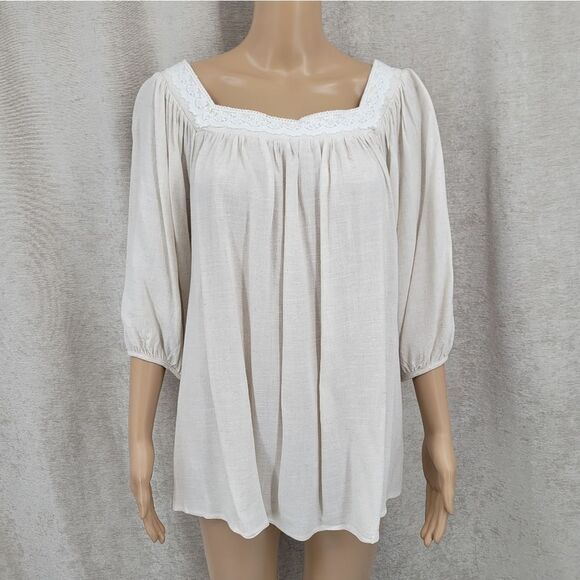 Allie Rose Linen Blend Peasant Blouse Top Beige Oatmeal White Crochet Lace NEW - Picture 1 of 11